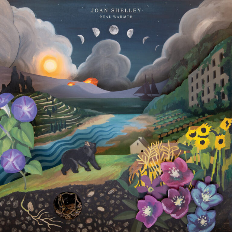 Gemaltes Albumcover von Real Warmth zeigt eine Landschaft mit Sonne, Mondphasen, Vulkan, Fluss, Bär, Schiff und bunten Blumen, kontrastiert von Wolken und Gebäuden.