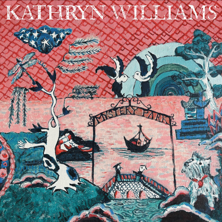 Buntes, surreal gemaltes Albumcover zu Mystery Park von Kathryn Williams mit Bäumen, Boot, Vögeln, Hund und dekorativem Tor vor rotem Musterhintergrund.