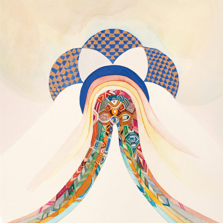 Abstraktes Albumcover mit geometrischen Mustern, bunten Linien und einem farbigen Strahlenmotiv, das aus einem ornamentalen Kreis entspringt.
