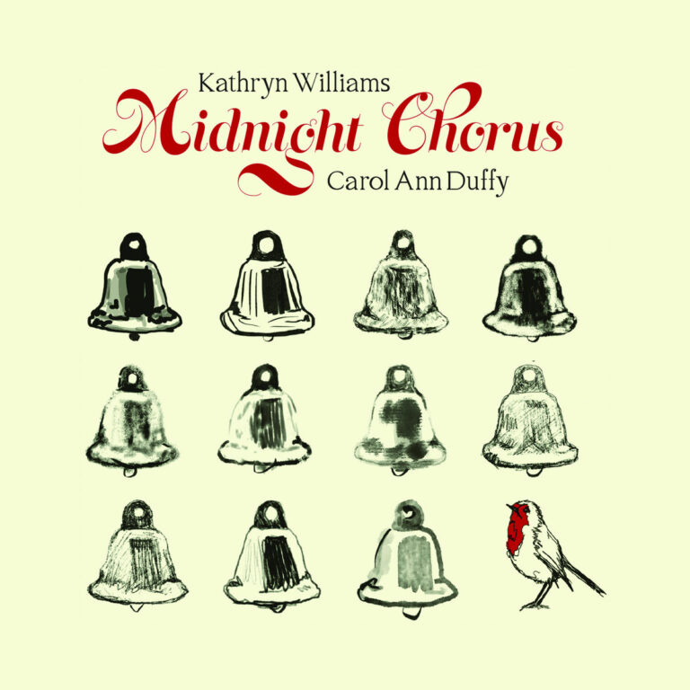 Zwölf gezeichnete Glocken und ein Rotkehlchen schmücken das Cover von Midnight Chorus von Kathryn Williams und Carol Ann Duffy, mit roter Titelschrift.