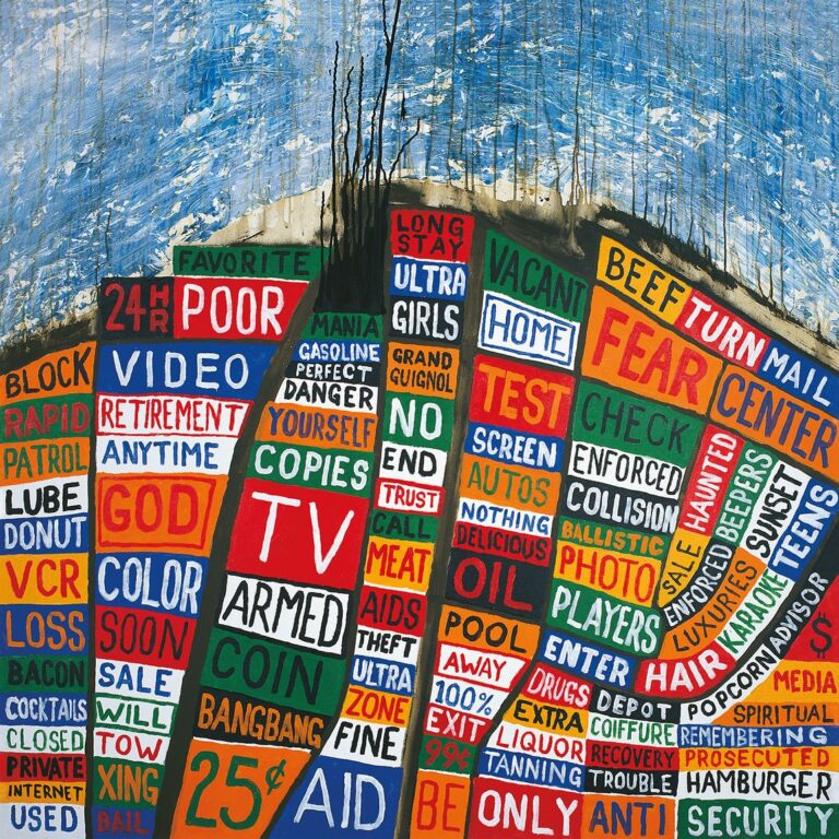 Gemaltes Albumcover von Hail to the Thief mit einer Landkarte aus farbigen Wortfeldern, Schlagwörtern wie „Fear“, „God“, „TV“ und blauem Himmel darüber.