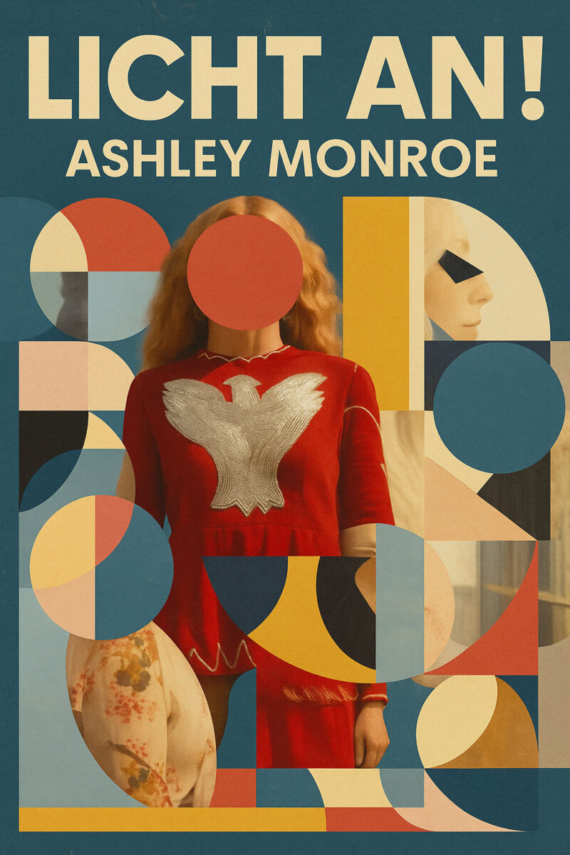 Collage im Bauhaus-Stil mit geometrischen Formen in Blau, Rot, Gelb und Beige, mittig eine Frau im roten Kleid mit silbernem Adlermotiv, Text „LICHT AN! Ashley Monroe“ oben.