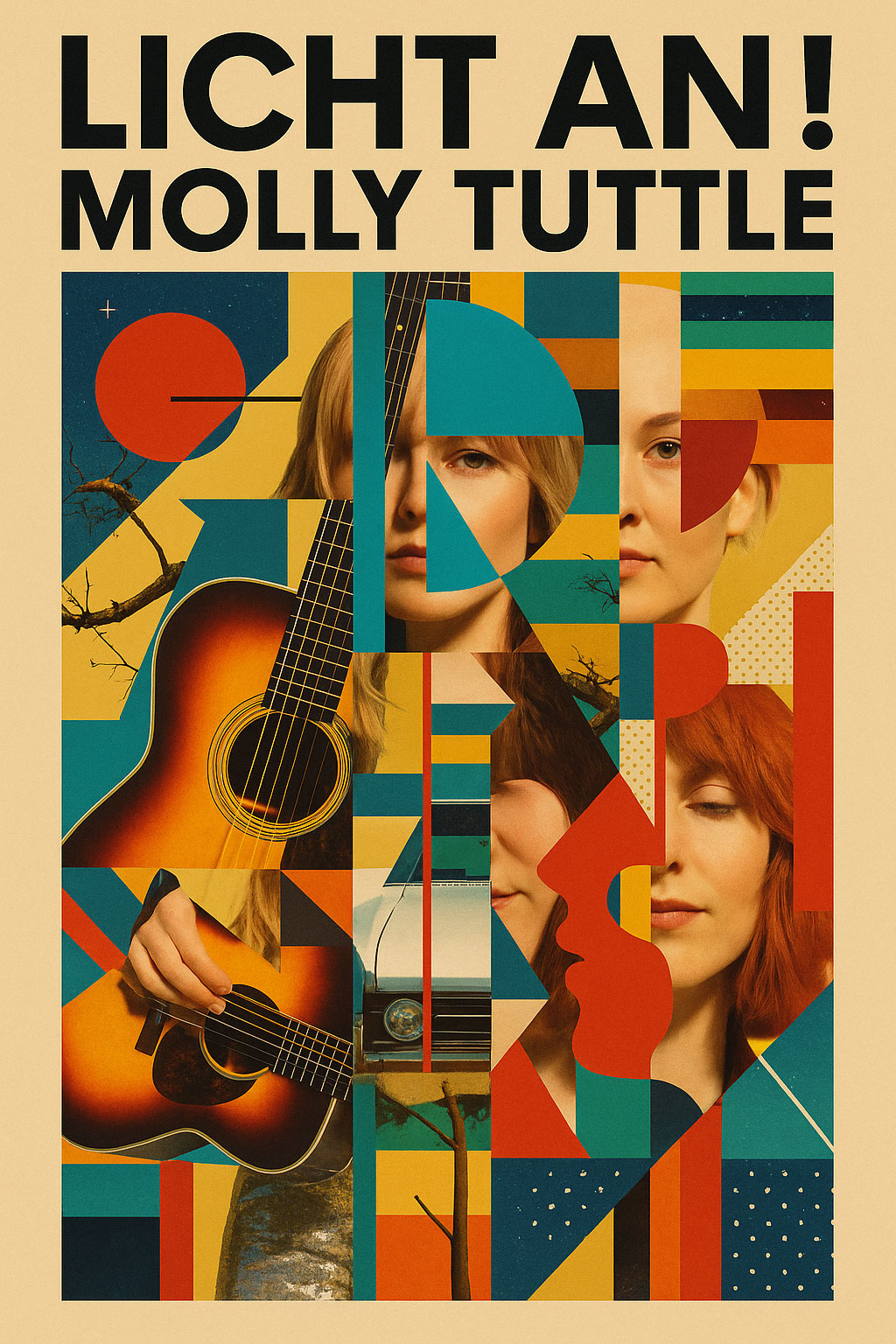 Bauhaus-inspirierte Collage mit geometrischen Flächen und Fragmenten von Molly Tuttle: Gitarre, Gesichter, ein Auto und stilisierte Landschaften in kräftigen Farben. Oben steht in Schwarz: „LICHT AN! MOLLY TUTTLE“.