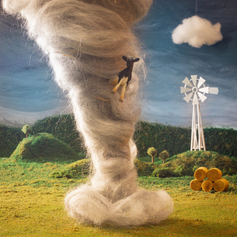 Ein surreal gestaltetes Albumcover zeigt einen aus grauem Garn geformten Tornado, in dem eine kleine Kuh schwebt, daneben eine weiße Windmühle und Heuballen in einer Miniaturlandschaft.