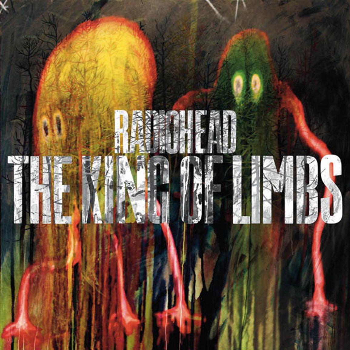 Zwei geisterhafte, halbtransparente Figuren in Gelb und Grün ragen aus einem düsteren, waldähnlichen Hintergrund, der in Farbschlieren zerfließt; darüber der Schriftzug „Radiohead – The King of Limbs“ in weißer, abblätternder Typografie.