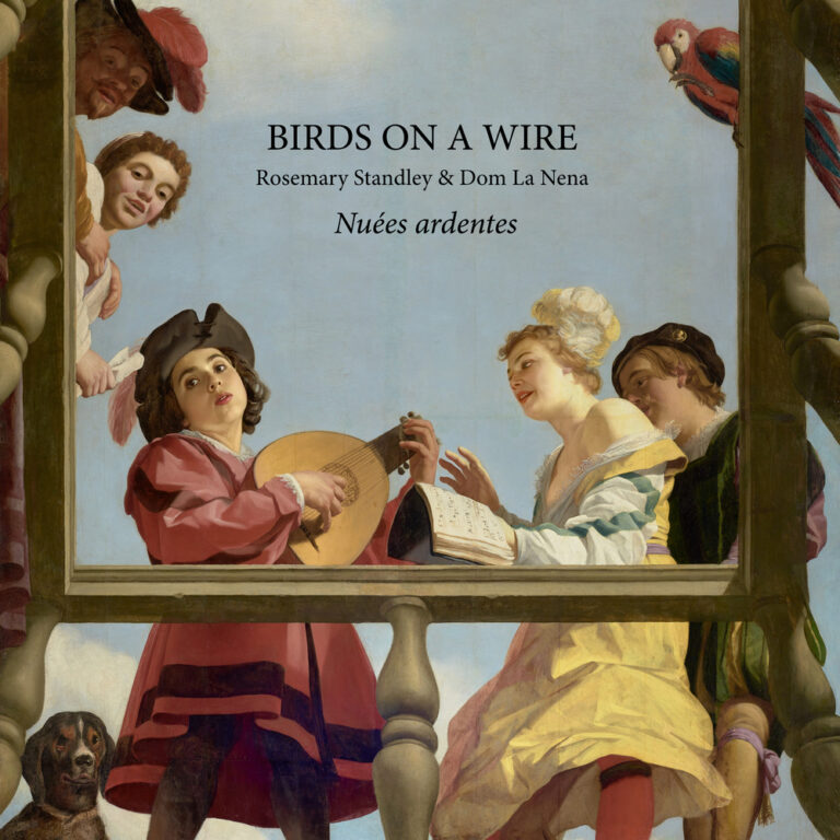 Barocke Figuren blicken durch einen gemalten Rahmen in den Himmel; das Cover zu Nuées Ardentes von Birds On A Wire verbindet klassische Malerei mit moderner Leichtigkeit.