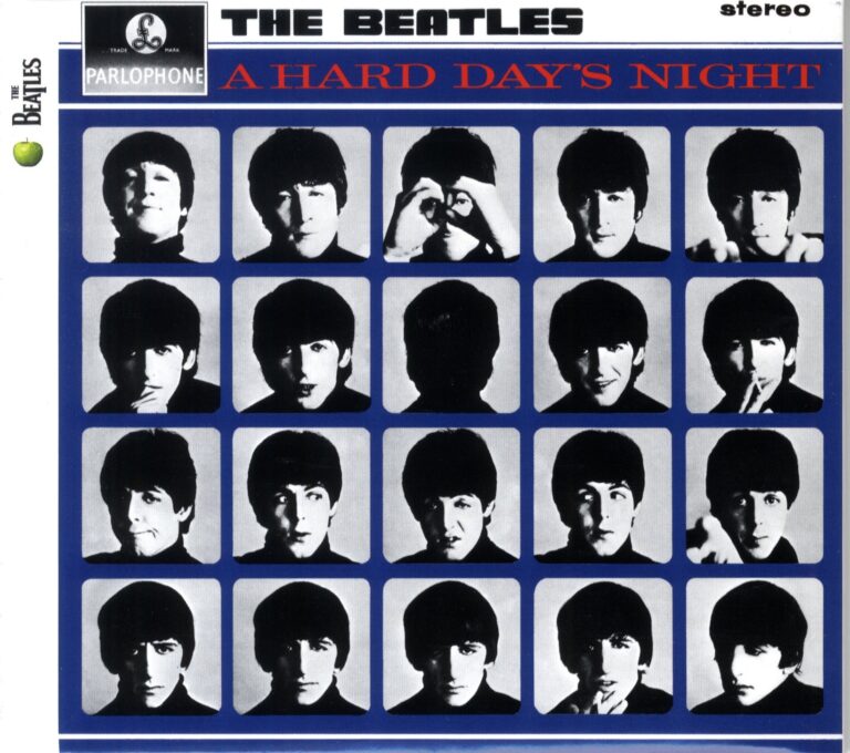 Albumcover „A Hard Day’s Night“ von The Beatles mit 20 schwarzweißen Porträtfotos der Bandmitglieder in einem blauen Rasterlayout
