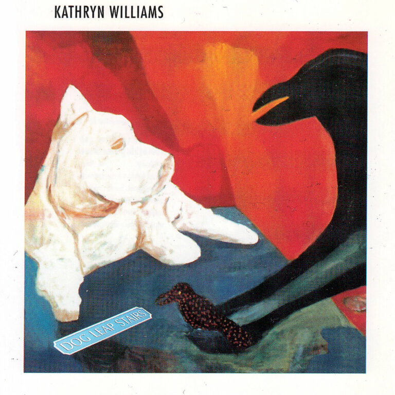 Gemaltes Albumcover mit abstrakten Tierfiguren: eine weiße Gestalt und ein schwarzer Schatten stehen sich vor rotem Hintergrund gegenüber, dazwischen ein kleiner Hund auf blaugrünem Boden.