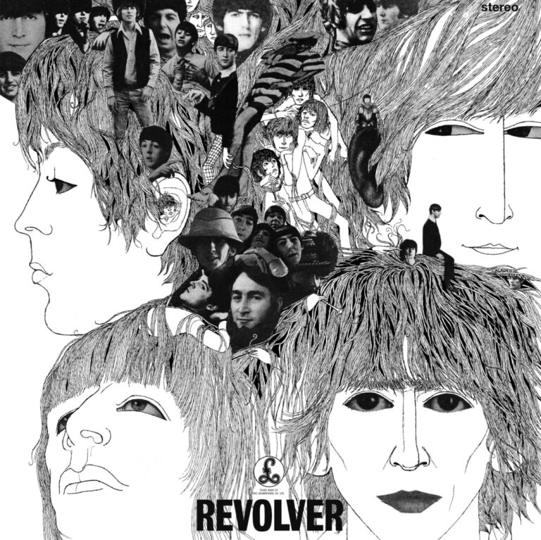 Schwarz-weißes Collage-Cover mit gezeichneten Porträts der Beatles, durchsetzt mit Fotos aus verschiedenen Phasen ihrer Karriere; ein dichter, verschlungener Bildteppich aus Gesichtern, Linien und Haaren.