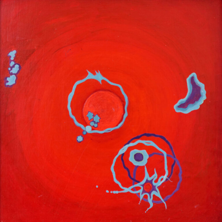 Abstraktes Albumcover mit leuchtend rotem Hintergrund, in dem blaue organische Formen kreisen, die an Zellen oder Planeten erinnern. Eine minimalistische, pulsierende Komposition zwischen Wärme und Kühle.