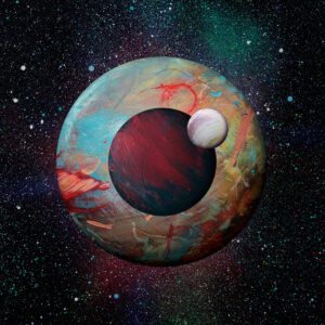 Gemaltes Albumcover mit abstrakten Planetenformen in Rot, Türkis und Braun vor einem sternenübersäten Weltraumhintergrund.