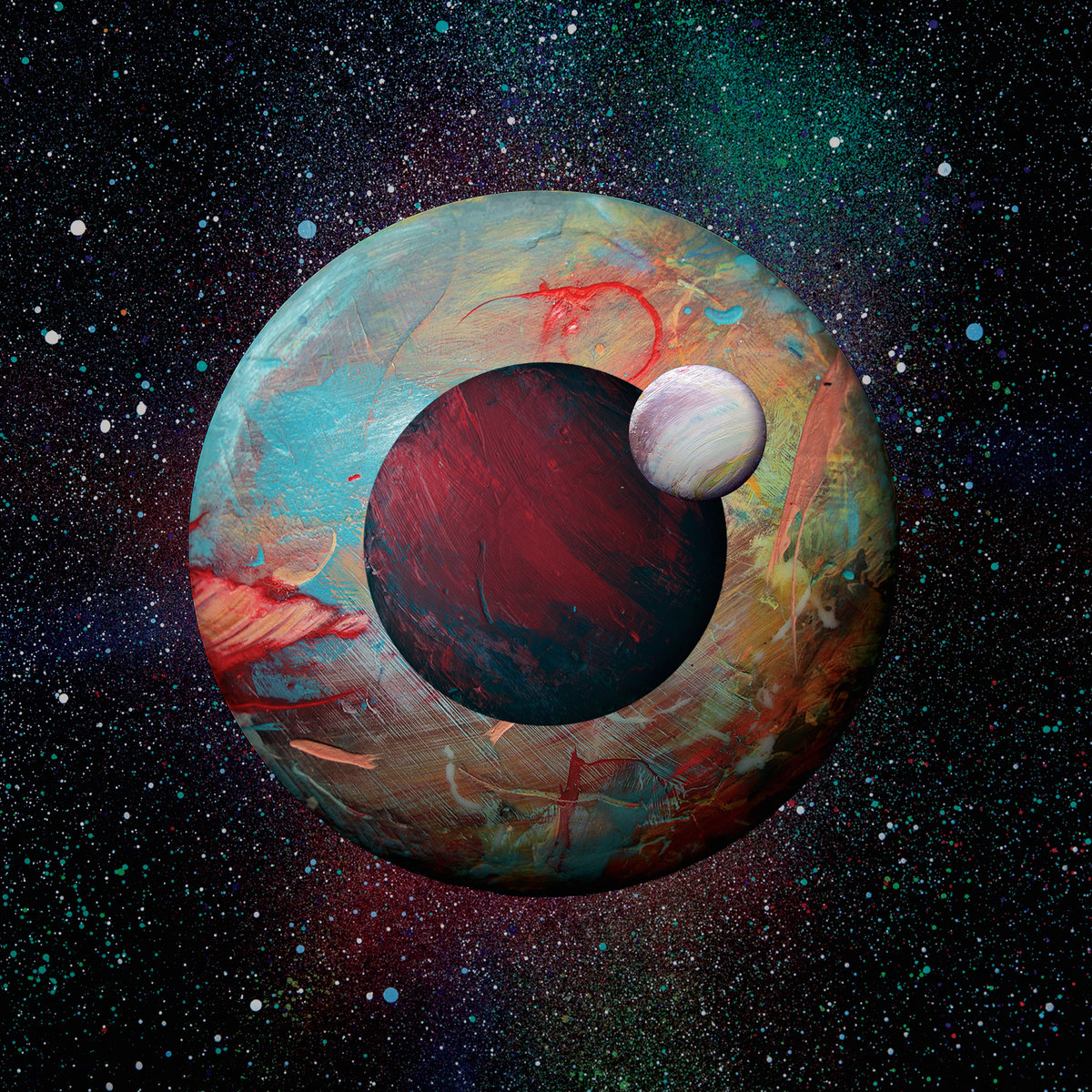 Gemaltes Albumcover mit abstrakten Planetenformen in Rot, Türkis und Braun vor einem sternenübersäten Weltraumhintergrund.