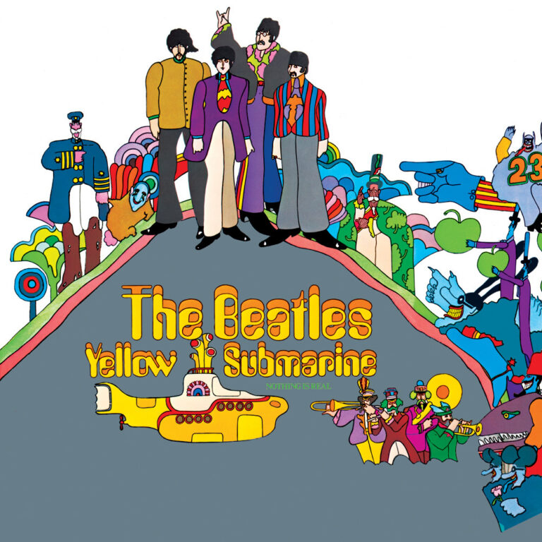 Bunt illustriertes Albumcover mit den Beatles auf einem Hügel über einem gelben U-Boot, umgeben von surrealen Figuren und leuchtenden Farben.