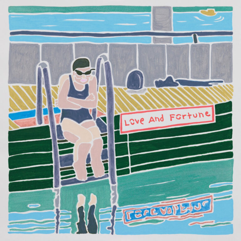 Eine stilisierte Illustration zeigt eine Frau im Badeanzug, die auf einer Schwimmbadleiter sitzt, die Arme verschränkt. Das Wasser spiegelt den Schriftzug „Love And Fortune“. Die Szenerie wirkt ruhig, fast träumerisch.
