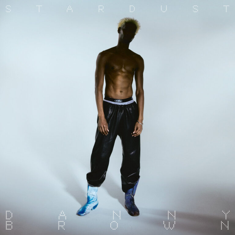Halb im Schatten stehender, oberkörperfreier Mann mit blondem Haar, schwarzer Hose und ungleichen blauen Stiefeln vor grauem Hintergrund – minimalistisches, kühles Coverfoto des Albums „Stardust“ von Danny Brown.