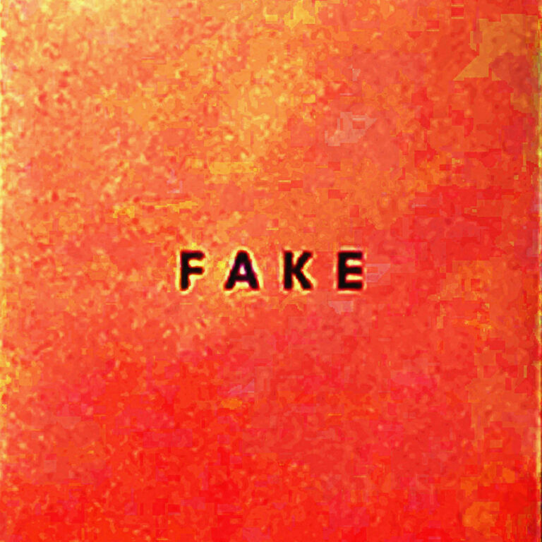 Orange rotes Albumcover mit körniger Struktur und dem schwarzen Schriftzug Fake in der Mitte.