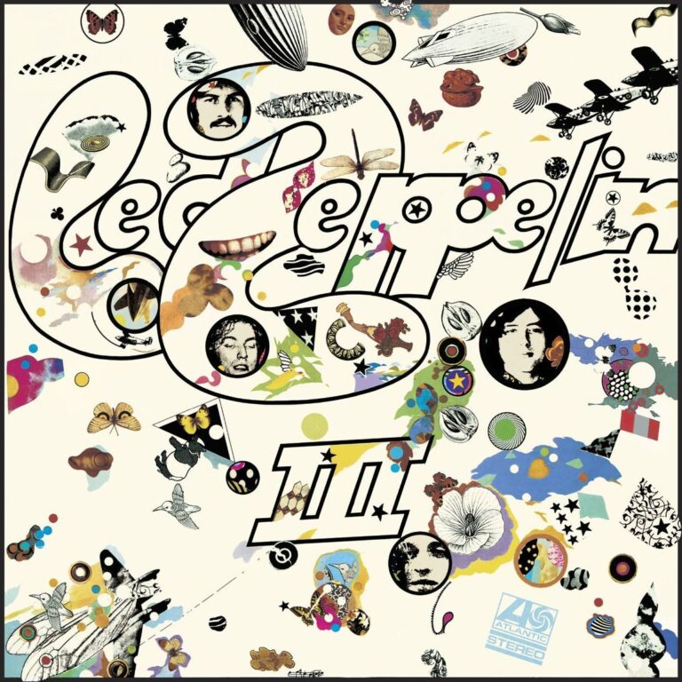 Surreales Cover auf hellem Hintergrund mit verstreuten, farbigen Illustrationen, Kreisen, Gesichtern, Tieren und abstrakten Fragmenten, dazu der geschwungene Schriftzug „Led Zeppelin III“ in großen, verspielten Formen.