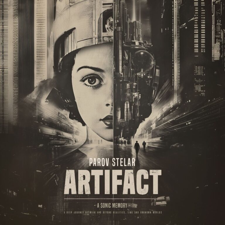 Schwarz weiß gehaltenes Albumcover mit geteilter Frauenfigur: links ein retrofuturistisches Porträt, rechts eine industrielle Maschinenlandschaft, darüber der Titel Artifact.