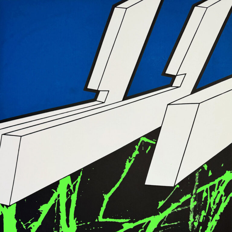Abstraktes grafisches Cover mit weißen geometrischen Balken vor einem intensiven blauen Hintergrund, darunter schwarze Fläche mit grellen grünen Farbspritzern.