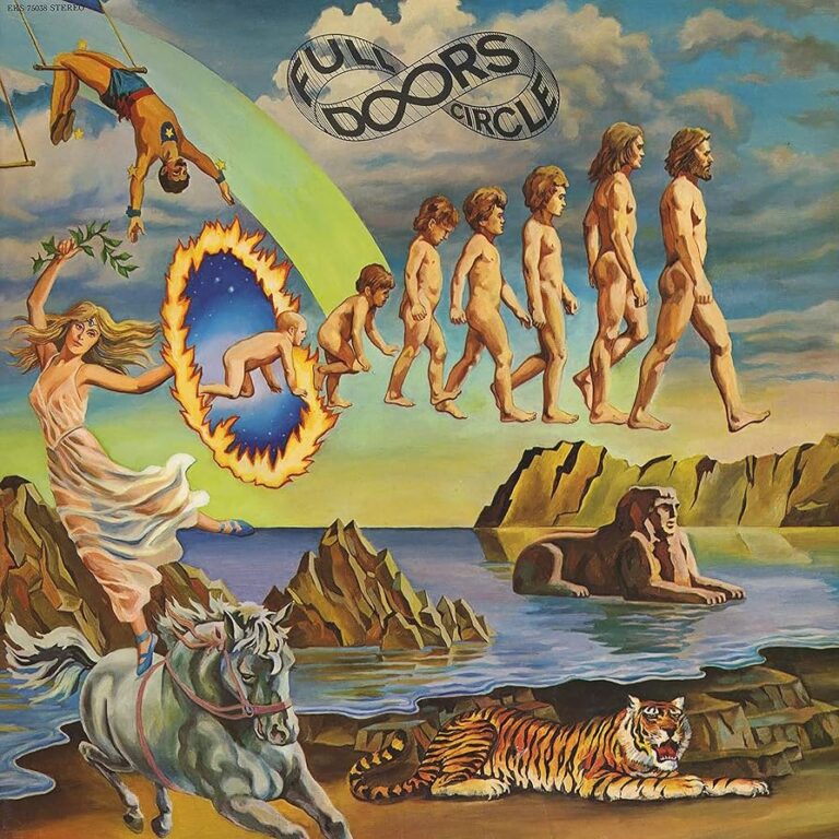 Surreal gestaltetes Cover in warmem, sonnigem Farbraum mit kreisförmig angeordneten Figuren von Manzarek, Krieger und Densmore, eingebettet in eine weit auslaufende Landschaft mit fantastischen Elementen und fließenden Bewegungen.