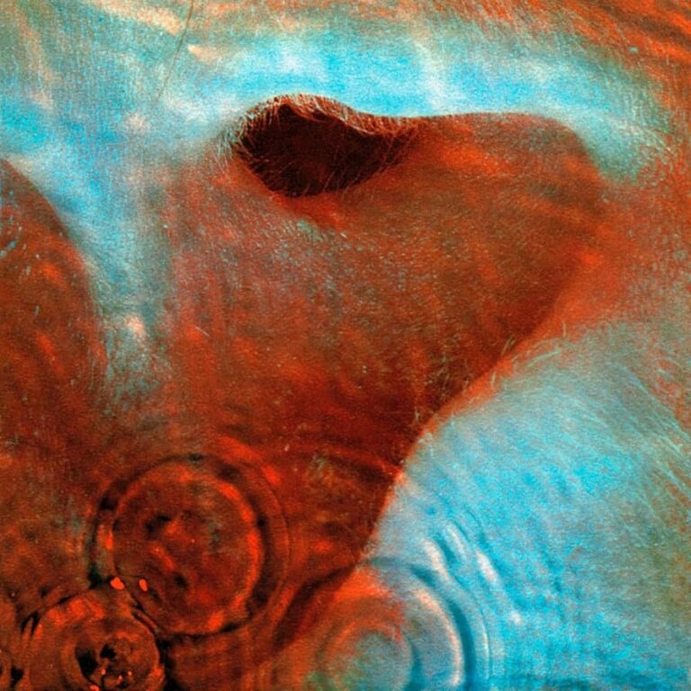 Abstrakte Nahaufnahme in rötlich-türkisen Wasserstrukturen, zentral eine organische Form, die an ein Ohr unter der Oberfläche erinnert, mit weichen Lichtbrechungen und kreisenden Wellen.