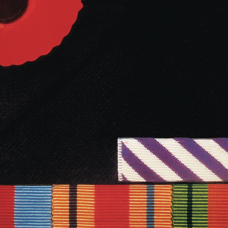 Grafisch reduziertes Albumcover von „The Final Cut“ mit militärischen Farbflächen, gestreiften Ordensbändern und einer schwarzen Stoffstruktur im Hintergrund.