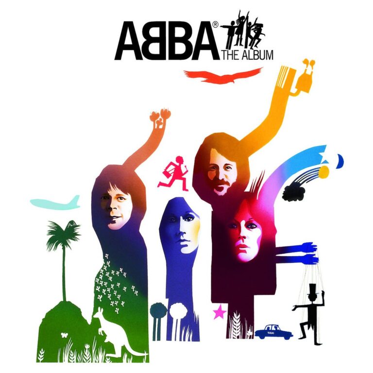 Illustratives Cover zu ABBA – The Album mit stilisierten Porträts der vier Mitglieder, farbigen abstrakten Figuren, Symbolmotiven wie Flugzeug, Marionettenspieler, Taxi und Landschaftselementen auf weißem Grund.