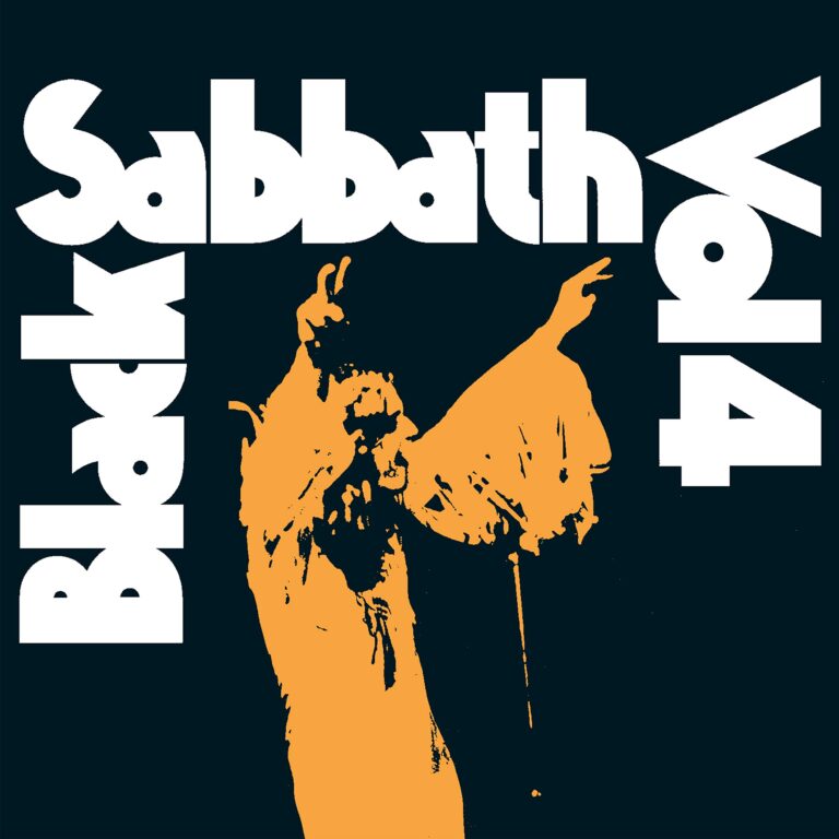 Schwarzweißes Albumcover von Black Sabbath mit einer hochkontrastierten Fotografie von Ozzy Osbourne auf der Bühne, Arme erhoben, Hände gespreizt, vor dunklem Hintergrund.