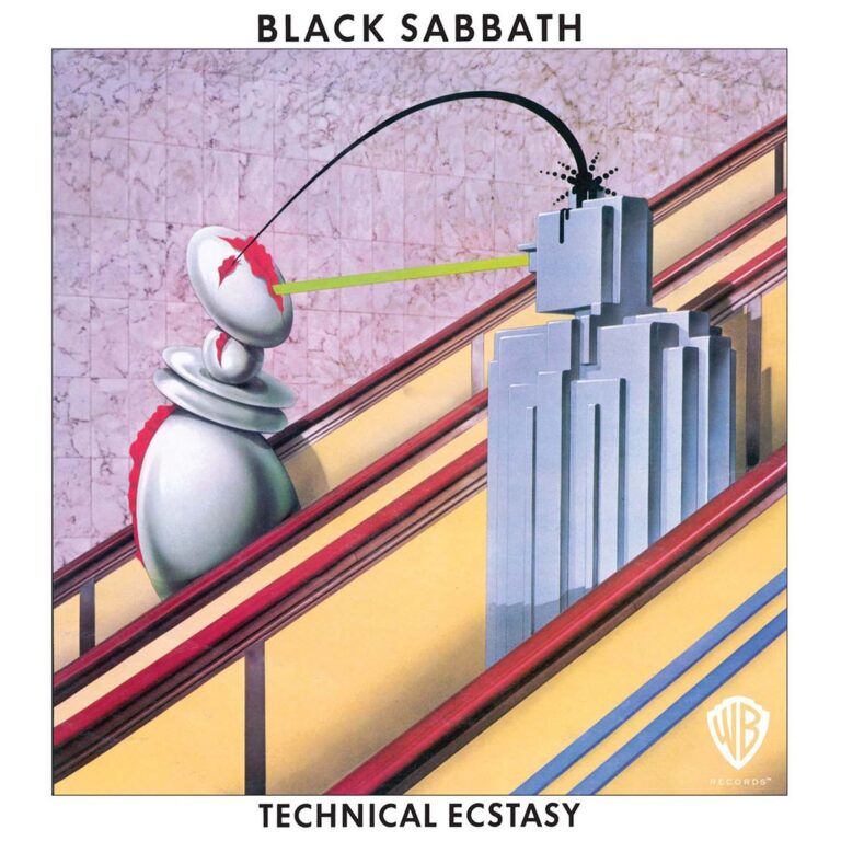 Albumcover von Black Sabbath „Technical Ecstasy“ aus dem Jahr 1976 mit zwei robotischen Figuren auf einer Rolltreppe, gestaltet von Hipgnosis.