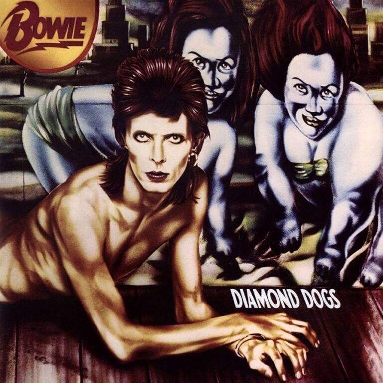Gemaltes Albumcover von Diamond Dogs: David Bowie als Halb-Mensch-Halb-Hund-Hybrid mit freigelegtem Oberkörper, vor urbaner Kulisse, in erdigen und dunklen Farbtönen inszeniert.