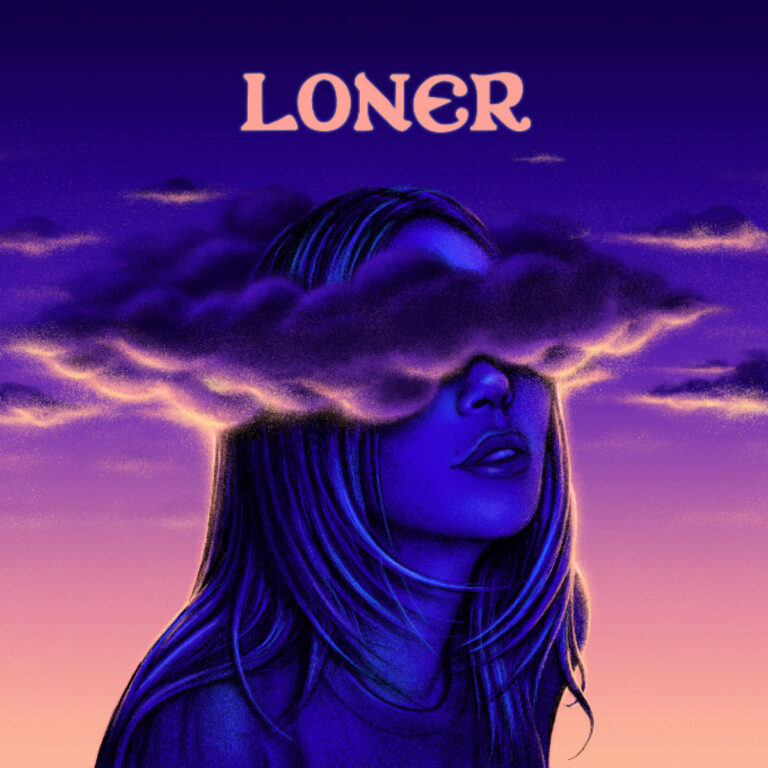 Illustration eines weiblichen Gesichts in violetten und blauen Farbtönen, dessen Augen von dichten Wolken verdeckt sind, darüber der Albumtitel „Loner“ vor einem dämmernden Himmel.