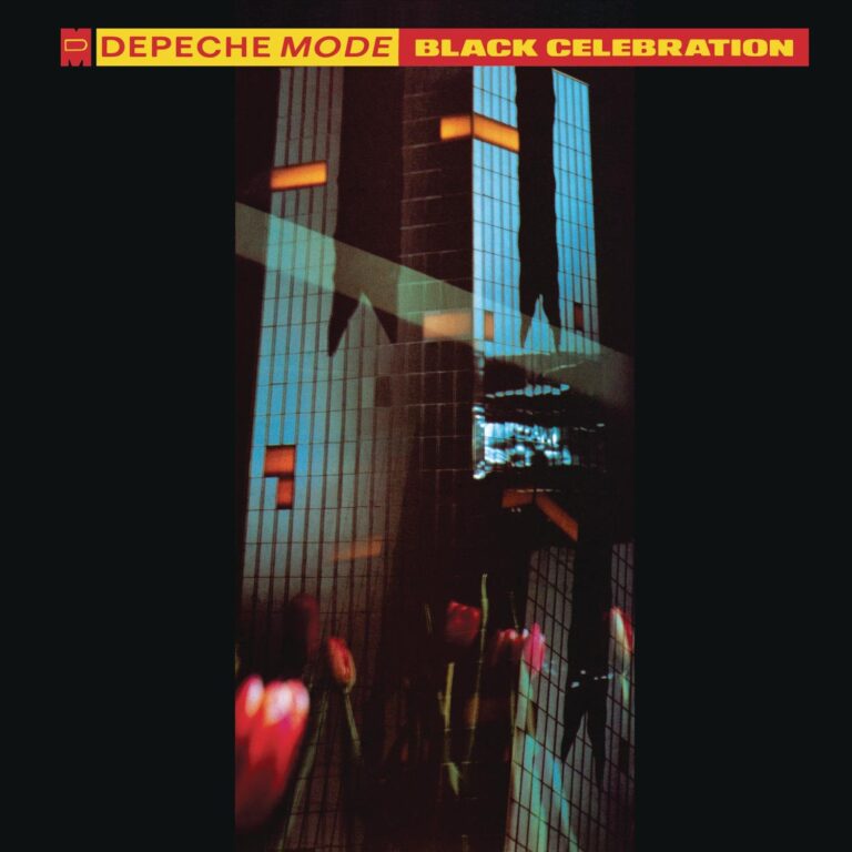 Fragmentiertes Hochhausmotiv mit Lichtreflexen, dunklen Flächen und roten Rosen im Vordergrund, typografischer Schriftzug „Depeche Mode – Black Celebration“ am oberen Rand.