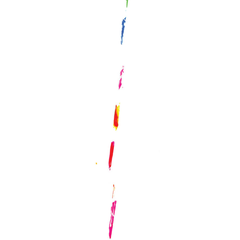 Abstraktes Albumcover mit weißem Hintergrund und vereinzelten vertikalen Farbpinselstrichen in Blau, Pink, Rot und Gelb, minimalistisch und offen gestaltet.
