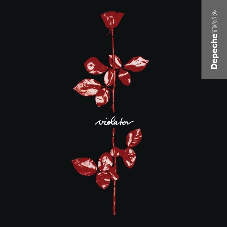 Schwarzer Hintergrund mit einer einzelnen roten Rose, reduziert und klar ins Zentrum gesetzt, Cover von Depeche Mode Violator.