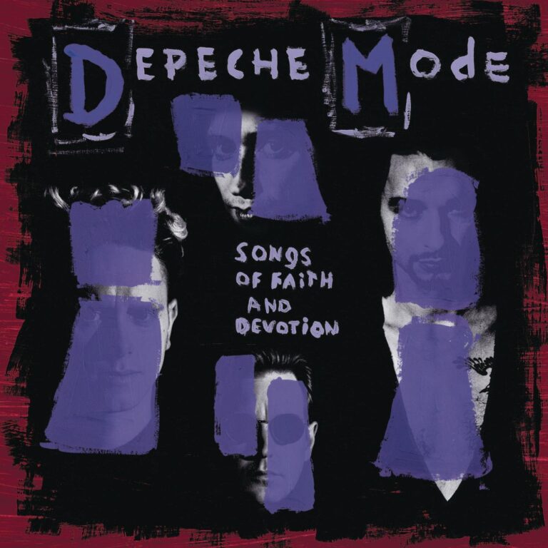 Albumcover von Depeche Mode Songs of Faith and Devotion aus dem Jahr 1993 mit fragmentierten Bandporträts, dunklem Hintergrund und violettfarbenen Übermalungen.