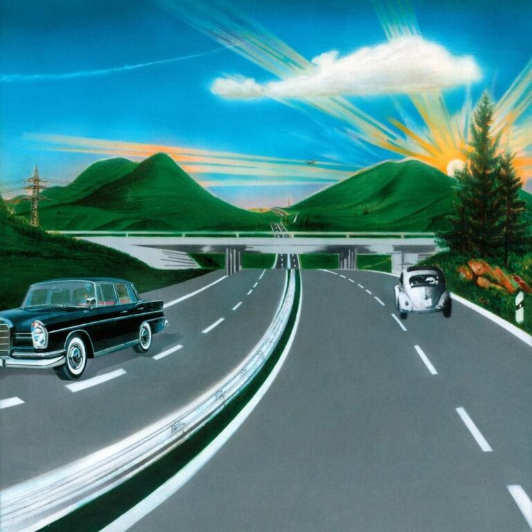 Illustration einer Autobahn in den 1960er Jahren mit einem schwarzen Mercedes und einem weißen VW Käfer vor einer Hügellandschaft bei Sonnenaufgang.