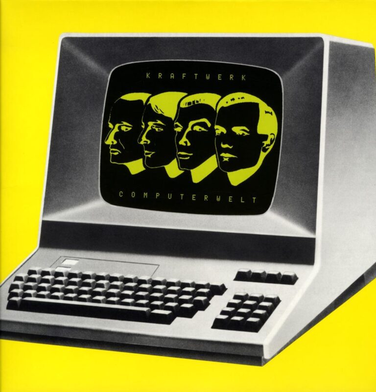 Gelbes Albumcover von Kraftwerk „Computerwelt“ mit grauem Computerterminal, schwarzem Bildschirm und stilisierten grünen Köpfen der Bandmitglieder in Reihe.