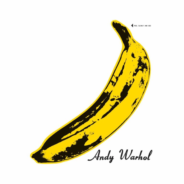 Andy Warhols ikonisches Albumcover mit gelber Banane auf weißem Grund, minimalistisch platziert, mit dem Hinweis „Peel slowly and see“.