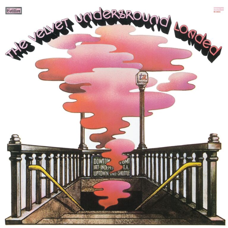 Illustration eines U Bahn Eingangs an der Times Square Station mit aufsteigendem rosa Rauch und gebogener Schrift The Velvet Underground Loaded.