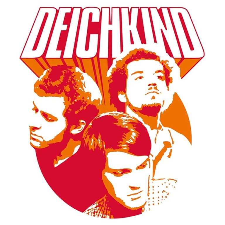 Rundes Albumcover von Deichkind mit grafischer Illustration der drei Bandmitglieder in Gelb und Rot, plakativ, comicartig, mit dominanter Schrift.