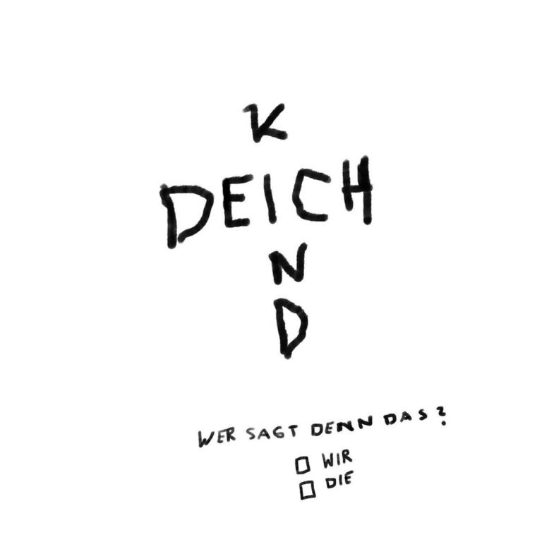 Handgezeichnete schwarze Schrift auf weißem Grund mit dem Titel „Wer sagt denn das?“ in unregelmäßiger Typografie, minimalistisch und roh.