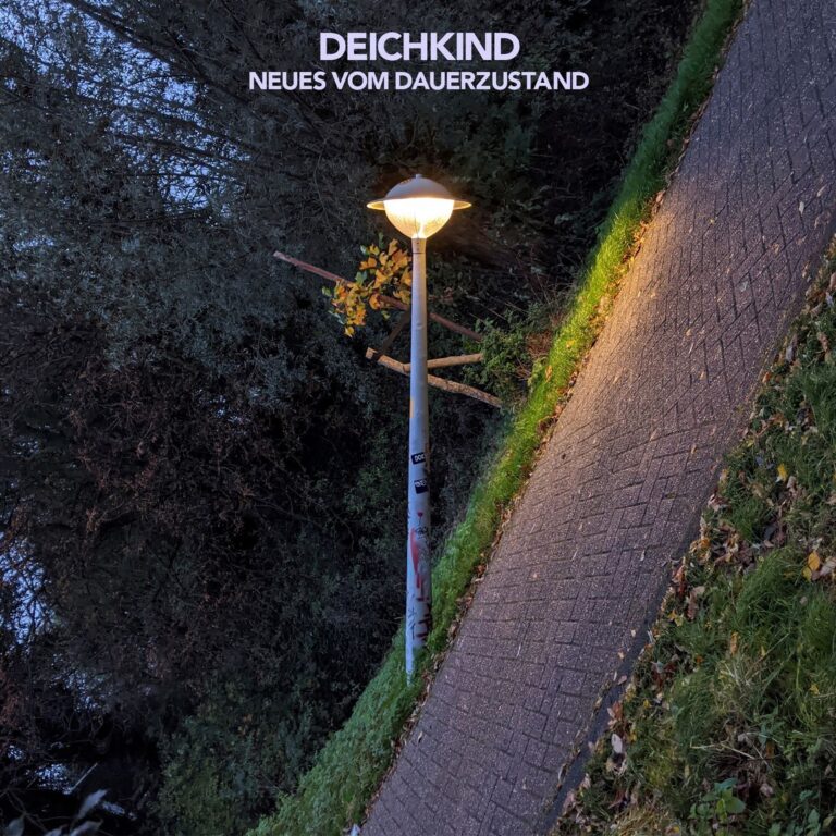 Schräg fotografierte Straßenlaterne im Dämmerlicht neben einem ansteigenden Gehweg, herbstliche Vegetation, düstere urbane Stimmung, Albumtitel und Künstlername am oberen Rand.