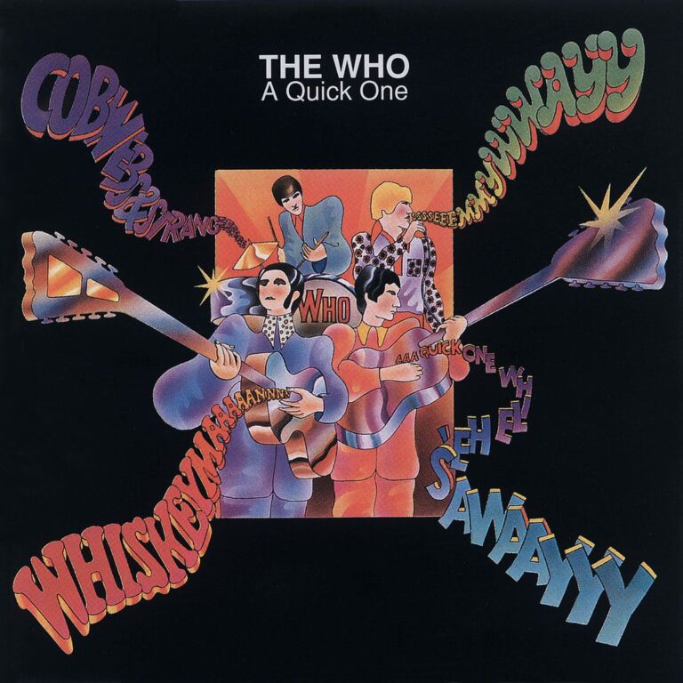 Illustratives Albumcover von The Who aus dem Jahr 1966: gezeichnete Bandmitglieder mit Instrumenten, aus denen farbige, geschwungene Songtitel hervorströmen, schwarzer Hintergrund, Pop-Art-Stil.