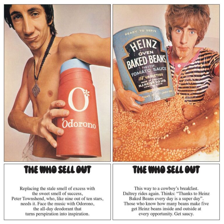 Bandmitglieder von The Who posieren in einer satirischen Werbekampagne mit übergroßen Konsumprodukten, inszeniert im Stil der späten sechziger Jahre.