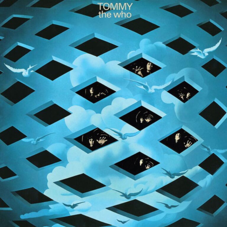 Abstraktes Albumcover mit türkisblauem Himmel, schwebenden geometrischen Öffnungen und fragmentarischen Gesichtern, die aus dunklen Rechtecken hervortreten.