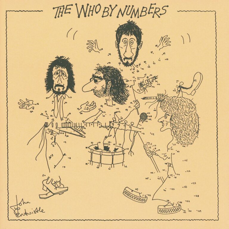 Handgezeichnetes Albumcover von The Who by Numbers mit nummerierten, fragmentierten Figuren der Band als Connect the Dots Zeichnung auf beigefarbenem Hintergrund.