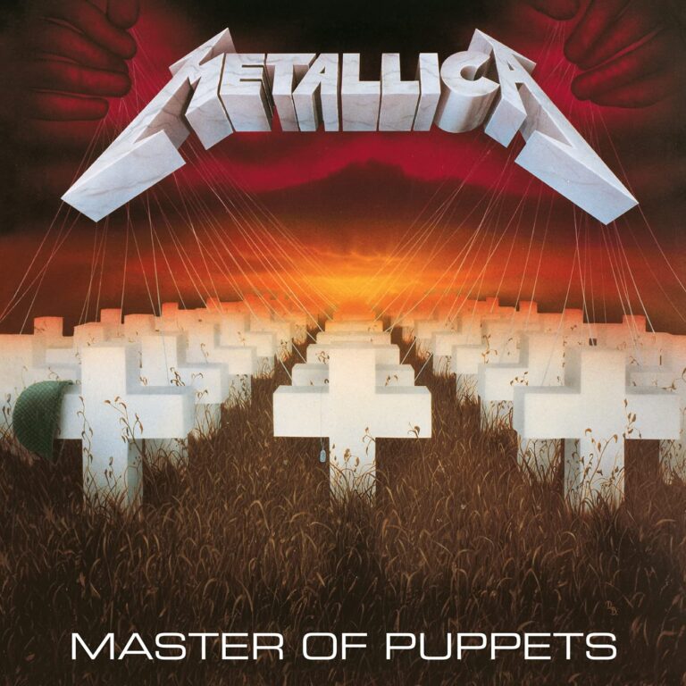 Albumcover von Metallica Master of Puppets mit weißen Grabkreuzen auf einem Feld, die an Fäden von Händen im roten Himmel kontrolliert werden.