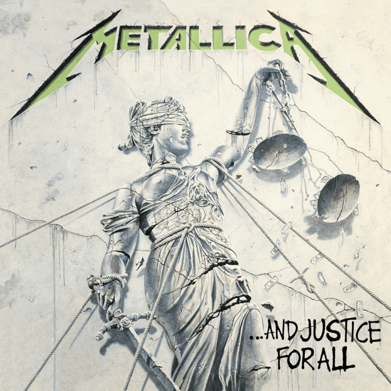 Zerbrochene Statue der Justitia mit verbundenen Augen, gefesselt von Seilen, Geldscheine fallen aus der Waage, graues monochromes Albumcover.