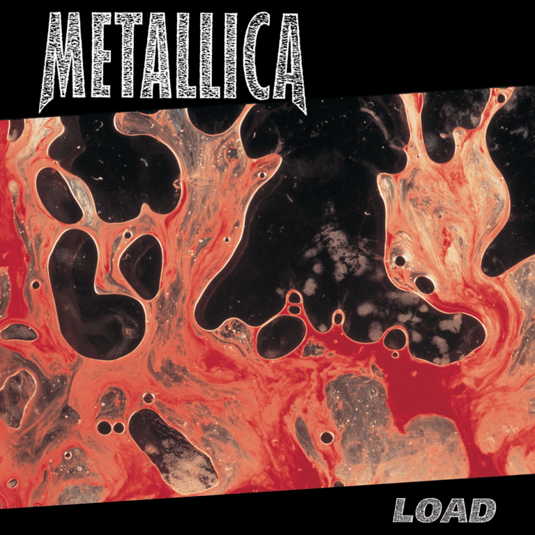 Abstraktes Albumcover von Metallica „Load“ mit fließenden roten und cremefarbenen Formen vor dunklem Hintergrund, organisch und irritierend.