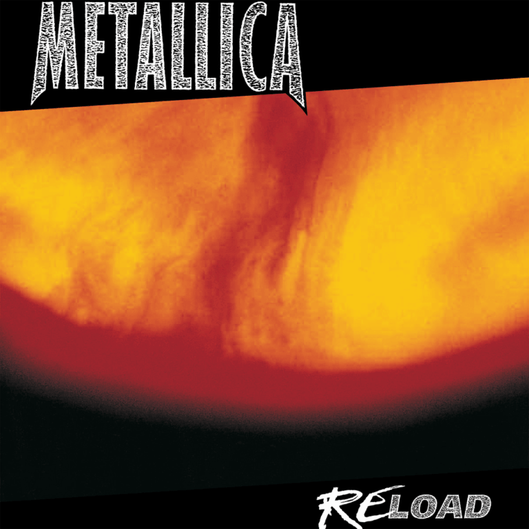 Abstraktes Albumcover mit rot orangefarbener organischer Struktur und dunklem Rand, entworfen von Andres Serrano für Metallica Reload.
